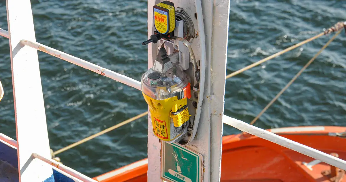 EPIRB emergency beacon mounted on a vessel rail