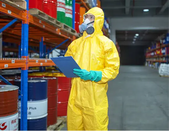 Worker wearing a yellow chemical protective suit